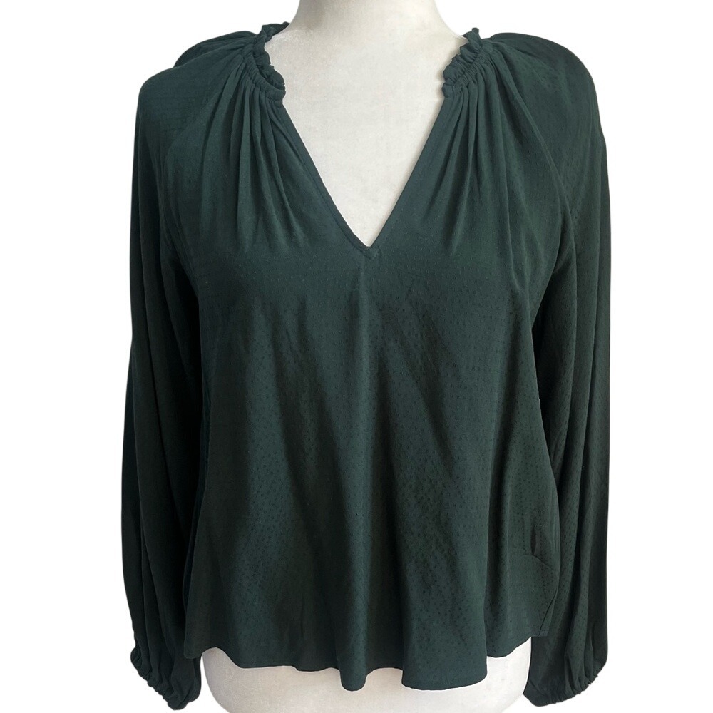 Old Navy Womens Long Sleeve Ruffle Split Neck Blouse Flowy Green Textured NWT XS